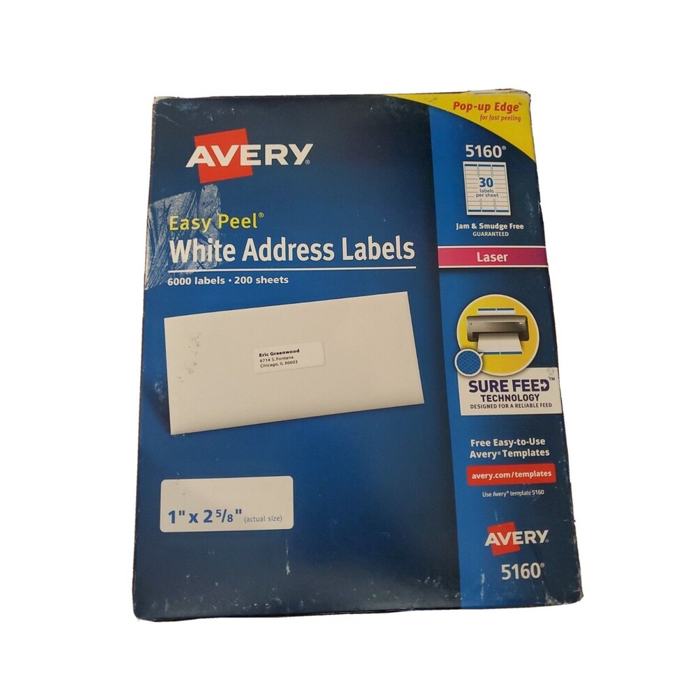 6000 Labels Avery 5160 Easy Peel White Address Labels Laser Printers 1 x 2 5/8"